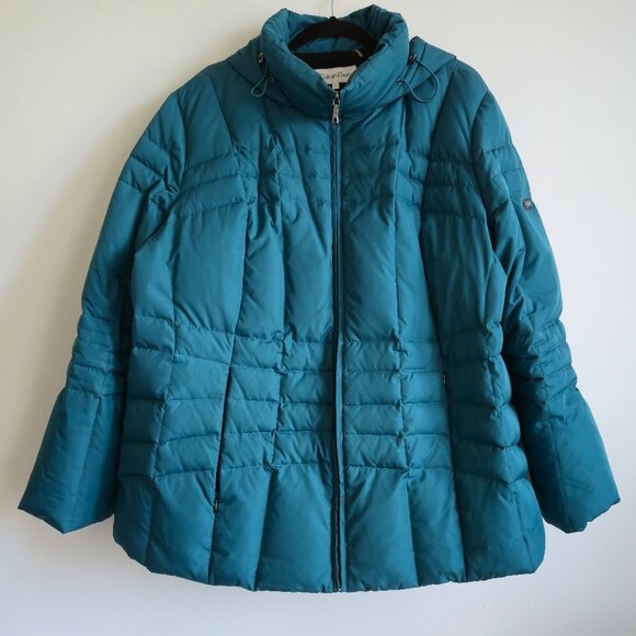 Calvin Klein Down Filled Green/Teal Puffer Coat | Fixed Hood | Size 2X - Picture 1 of 12